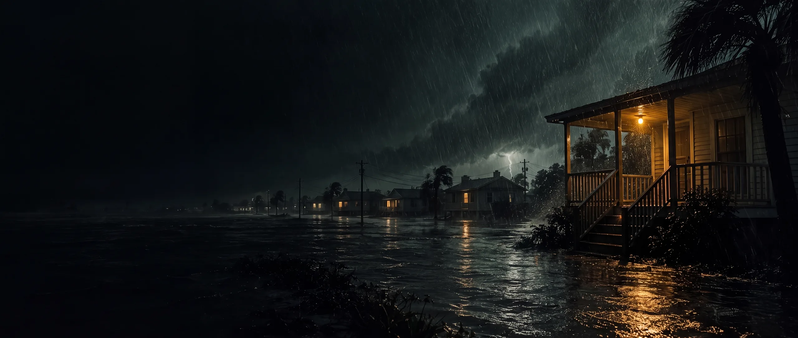 Night storm over a flooded street. One house has its porch light on.