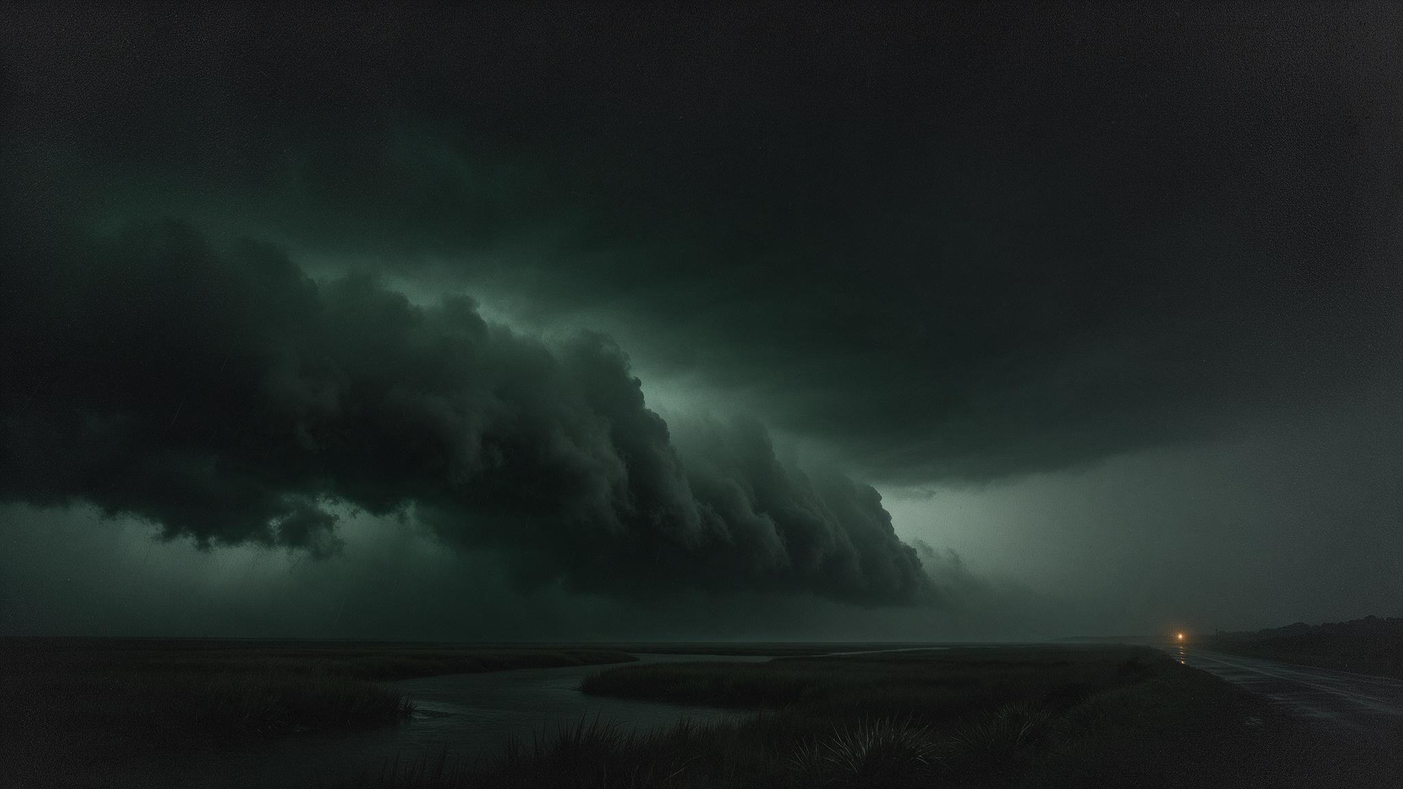 Storm clouds and rain over a dark street, the warning coming in.
