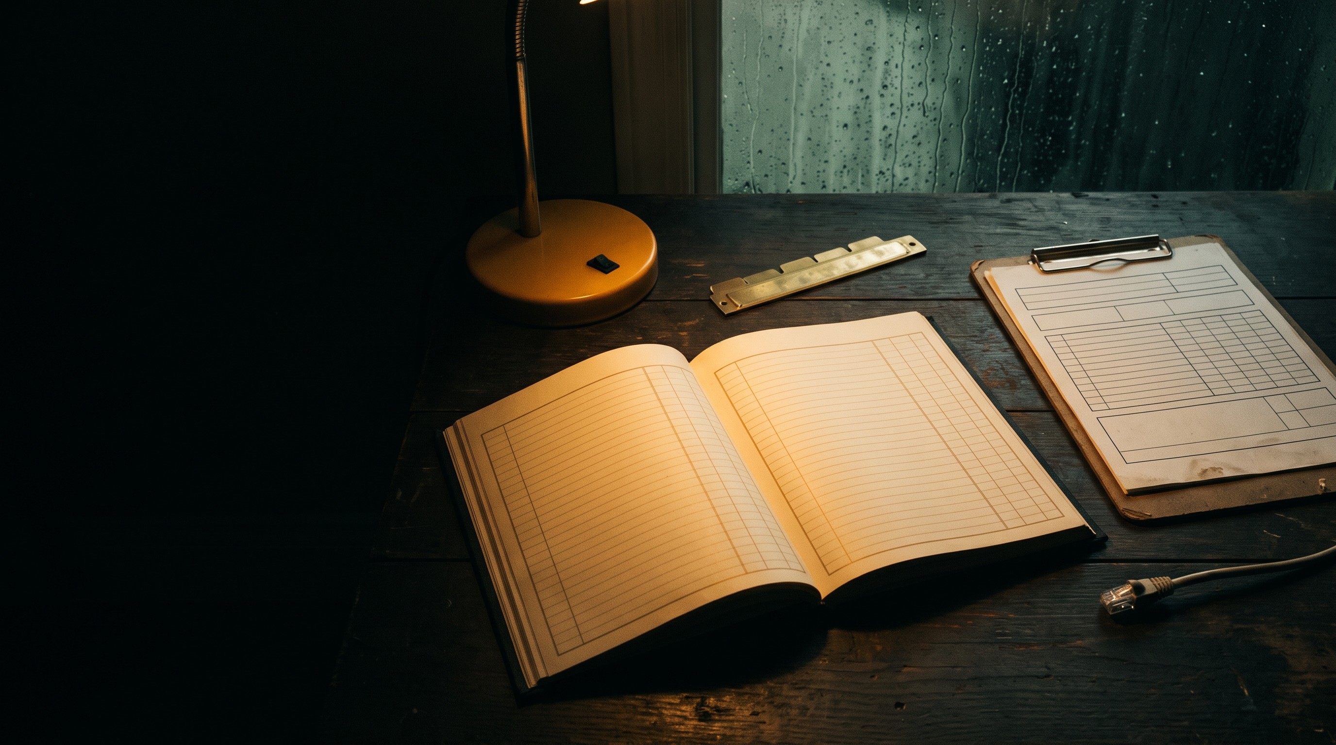 A dim interior with papers and a single warm lamp, the evidence desk.
