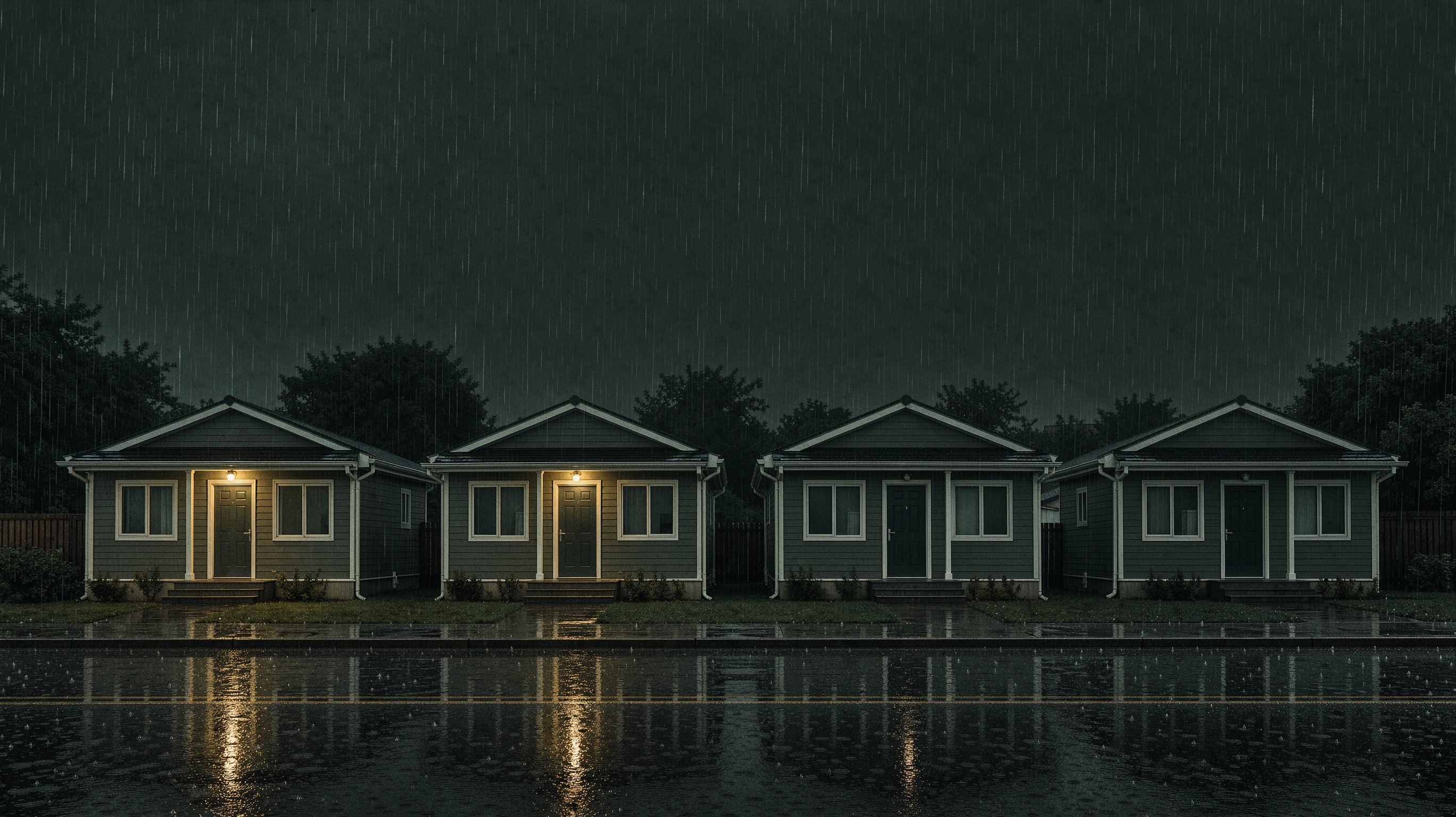 Four porch lights along a dark street. The nearest is bright. The others dim toward the distance.